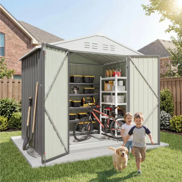 6x4_metal_shed_with_floor_frame_gray_scene2 Patiowell 6x4 Metal Shed with Floor Frame, Gray
