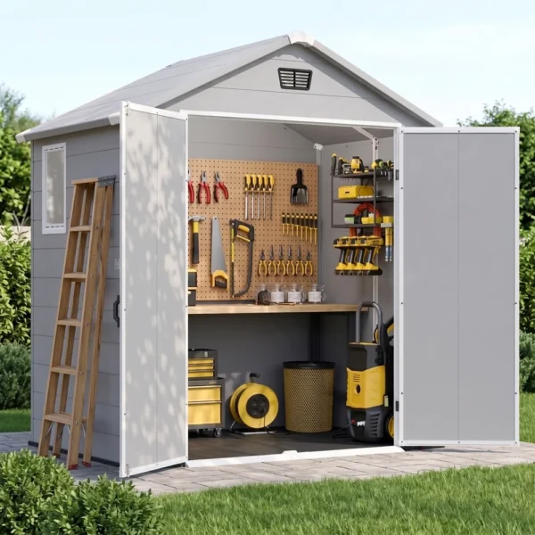 6x4_plastic_shed_with_window_gray_scene Patiowell 6x4 Plastic Shed with Window, Vent & Sloped Roof, Gray