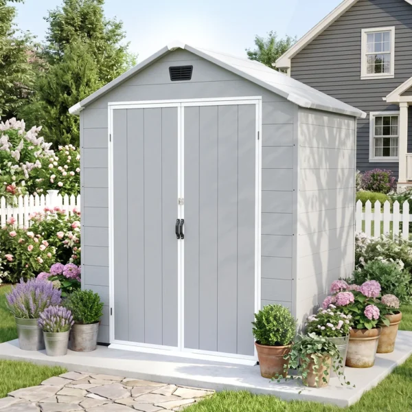 6x4_plastic_shed_with_window_gray_scene2 Patiowell 6x4 Plastic Shed with Window, Vent & Sloped Roof, Gray